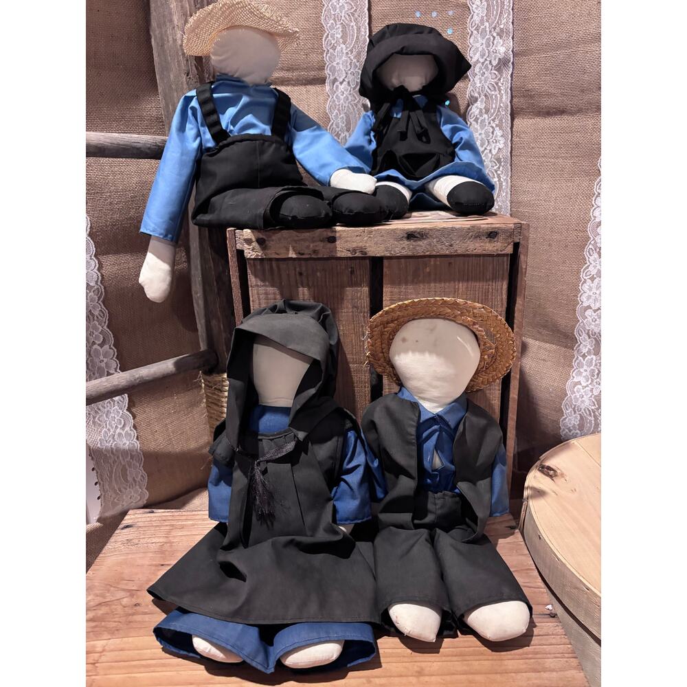 Set of 4 Amish Family No Face Black Blue Bonnets Straw Hats Handmade Rag Dolls!